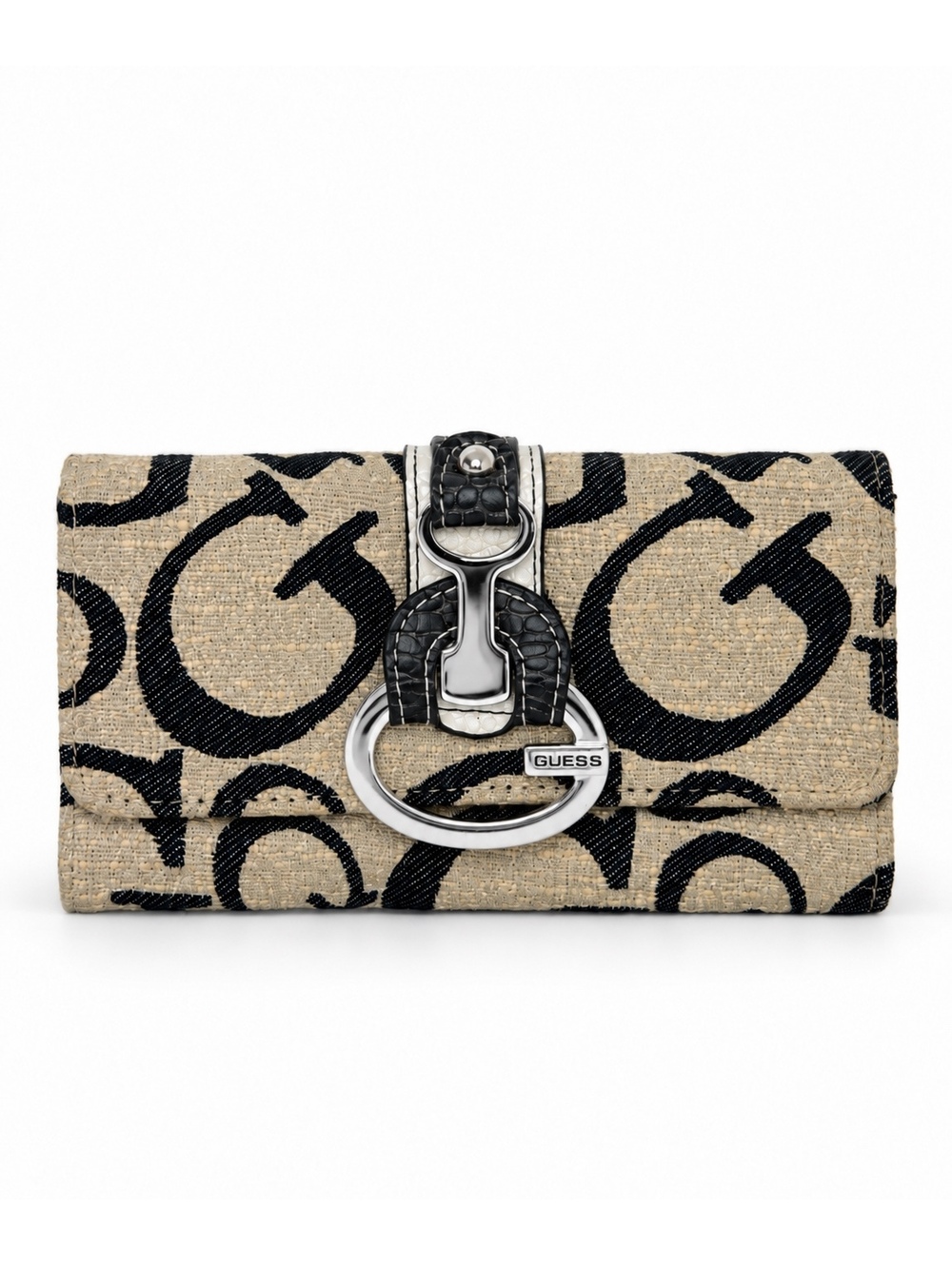 Vintage GUESS Y2K Beige Black Monogram Logo Ring Continental Wallet